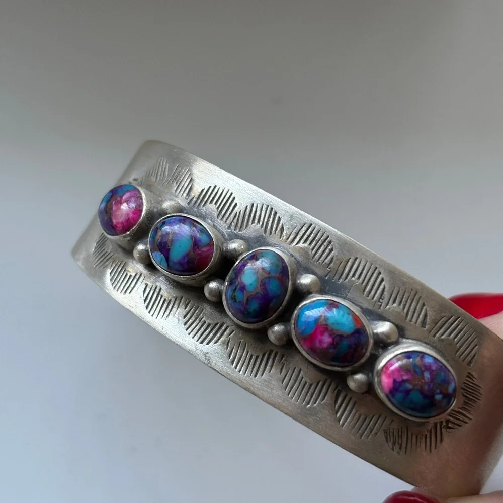 Sterling silver cuff with pink dahlia turquoise stone